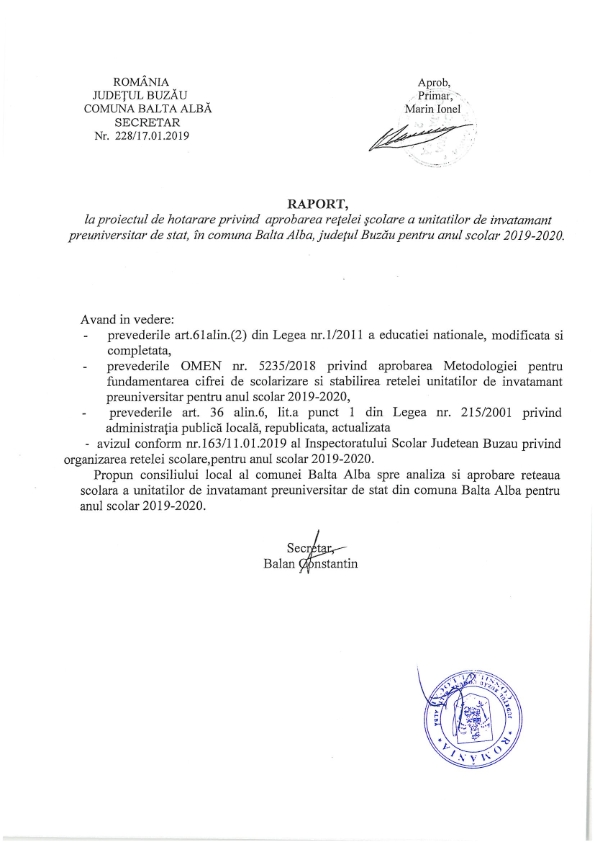 Hotarare 3 privind aprobarea retelei scolare a unitatilor de invatamant de stat din com Balta Alba jud Buzau pentru anul 2019 2020 004